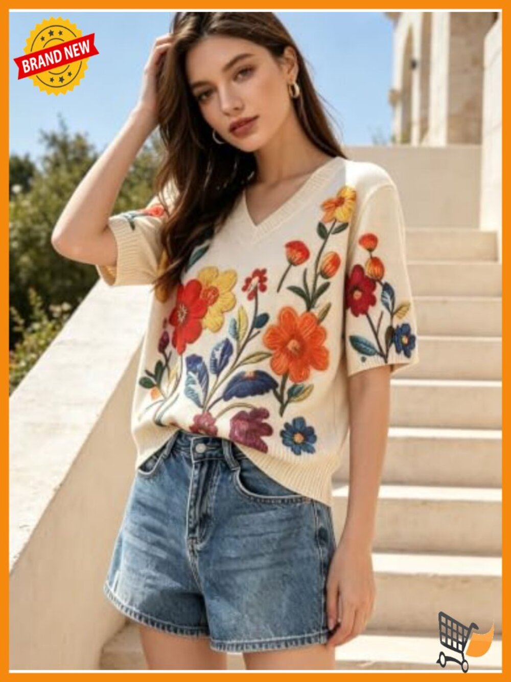 Boho Floral Half Sleeve V-Neck Pullover Sweater Loose Fit Lightweight - Picture 3 of 5